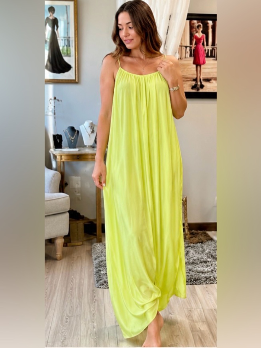 Meo Meli Made in Italy Silk Blend Maxi Slip Dress Neon Chartreuse NWOT